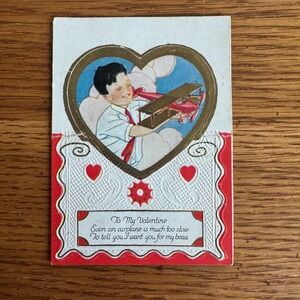 Vintage Boy Airplane Valentine Card USA Embossed Heart Boy with Plane Valentine‎
